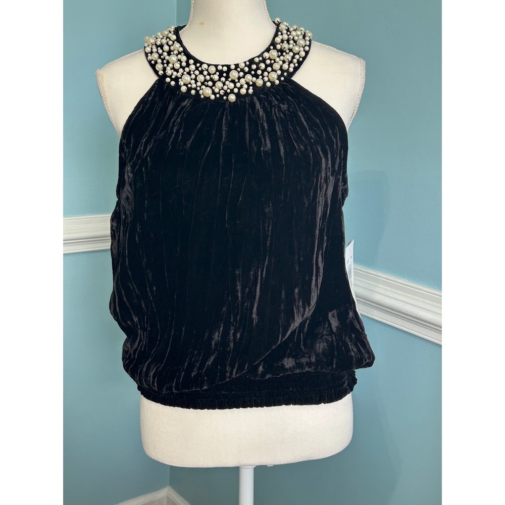 Sunny Leigh Black Crushed Velvet Pearl Embellished Halter Top Blouse Large NWT